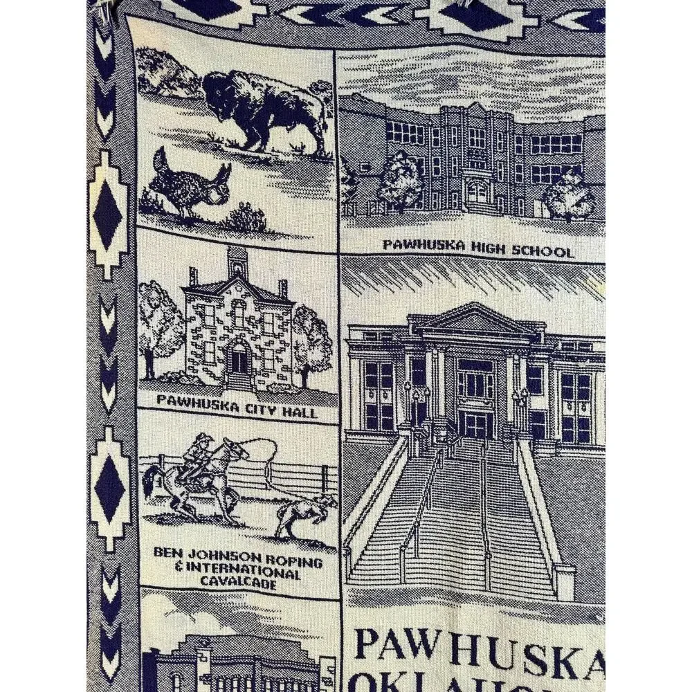 VTG Pawhuska Oklahoma Tapestry Throw Osage County NAVY BLUE 45x64, Fringe READ